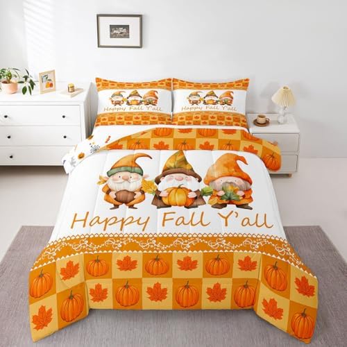 Erosebridal Cute Gnome Comforter Set Twin Size Pumpkin Bedding Set Maple Leaves Sunflower Fruits Autumn Harvest Down Comforter for Kids Girls Boys Duvet Insert Thanksgiving Orange Room Decor 2Pcs by Erosebridal