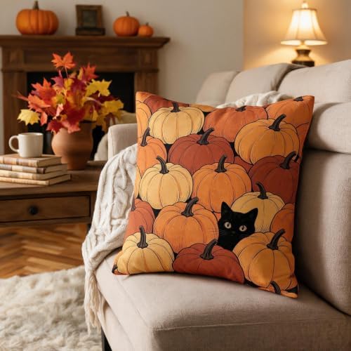 Fall Orange Pumpkin Pillow Covers 22x22 Set of 2, Black Cat Autumn Harvest Thanksgiving Decorative Throw Pillow Cases Holiday Outdoor Seasonal Farmhouse Decor for Sofa Couch Bed - Image 4
