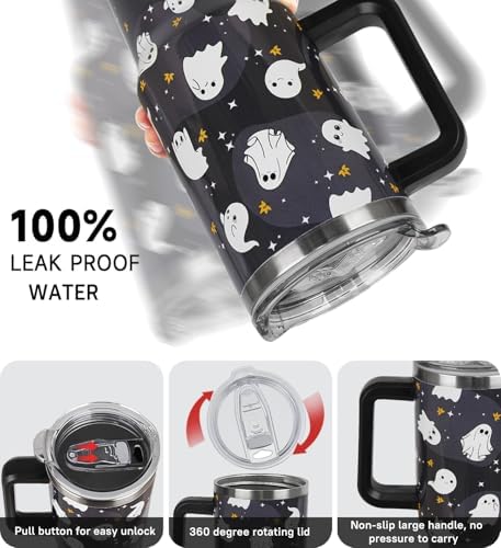 Halloween Tumbler 40oz Ghost Tumbler Spooky Leak Proof Cups with Handle and Straw Insulated Water Bottle Coffee Travel Mugs for Halloween Decor Gifts for Women Men (1PCS) - Image 5