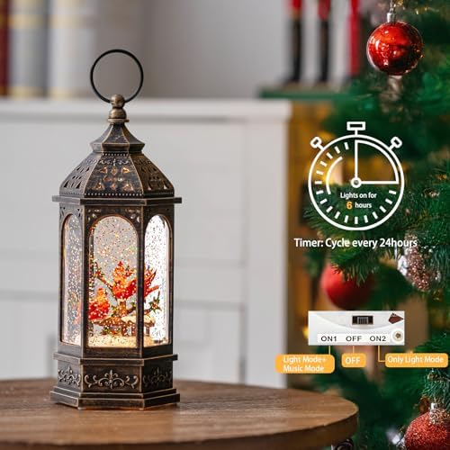 Christmas Snow Globe Lantern Water Glittering 10.5'' Cardinal with Music& Timer, USB Lined/Battery Operated Lighted Lantern for Christmas Festival Decoration Gifts - Image 4