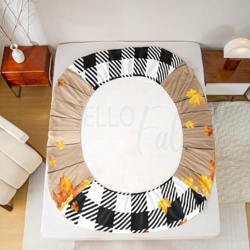Fall Thanksgiving Fitted Sheet Twin Autumn Harvest Seasonal Bed Sheets Gifts For Kids Teen Adults,Black White Buffalo Plaid Checkered Bedding Set Rustic Farmhouse Sheet Set Brown With 1 Pillow Case - Image 5