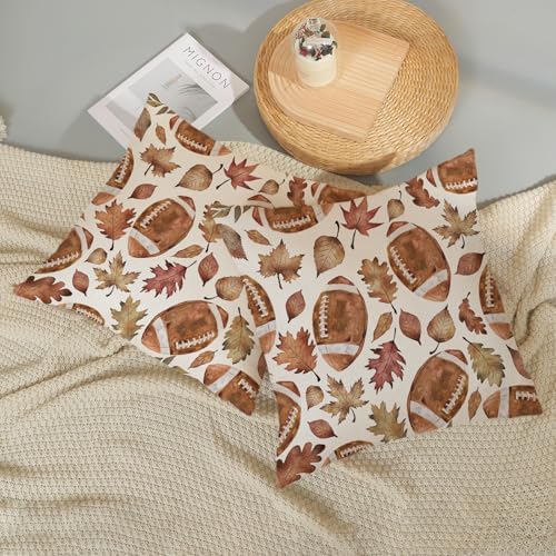 Fall Pillow Covers 18x18 Pack of 2 Orange Football Maple Leaves Pillowcase Thanksgiving Autumn Outdoor Decoration Throw Pillows Farmhouse Holiday Linen Fall Decor Cushion Case for Couch Sofa - Image 6
