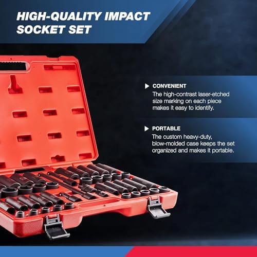 NEIKO 02330A 1/2 Impact Socket Set, 45 Piece Deep and Shallow Assortment, Metric Sizes 9mm to 32mm, Chrome Vanadium Steel, Extension Bars, Universal Joint and Adapter, 1/2" Drive Deep Well Set - Image 3