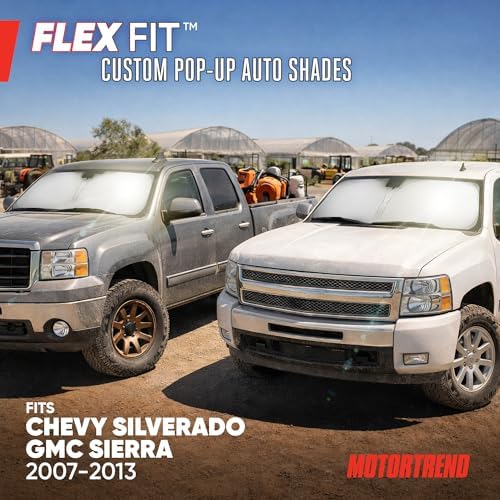 Motor Trend Custom Fit GMC Sierra & Chevy Silverado Windshield Sun Shade - Fits All (2007-2013) Trims - Car Windshield Sunshade Sierra & Silverado Accessories - Automotive Interior Protection