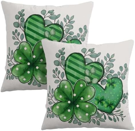 Sweetshow St Patricks Day Pillow Covers 20x20 Inches Lucky Green Shamrock Eucalyptus Heart Throw Pillow Case Set of 2 Irish Spring Pillows Cotton Linen Cushion Cover for Home Couch Sofa Livingroom by Sweetshow