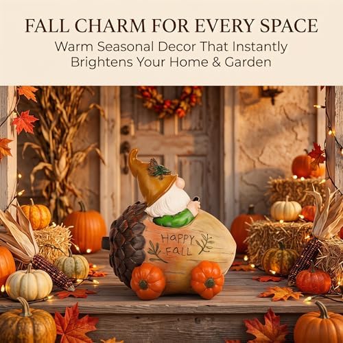 Topadorn Fall Gnome Figurine with Acorn Car & Pumpkin Wheels, Happy Fall - Image 2