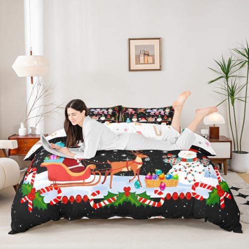 Merry Christmas Kids Duvet Cover Set Full Size,Santa Claus Snowman Cute Gnomes Bedding Set,Girls Boys Adults Room Decor,Snowflake Deer Xmas Comforter Cover,Red Black Retro Quilt Cover,2 Pillowcases - Image 2