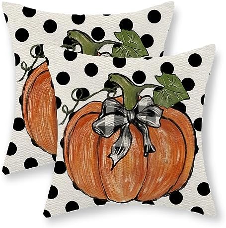 Fall Pillow Covers 16x16 Set of 2 Pumpkin Maple Leaves and Polka Dot Fall Decor Pillowcase Linen Autumn Thanksgiving Decorative Outdoor Throw Pillow Covers Farmhouse Cushion Case for Couch Home by Gohdiwh