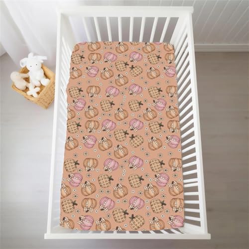 Boho Fall Pumpkin Bows Plaids Baby Crib Sheets for Boy Girl Autumn Pumpkins Floral Checks Soft Snug Fitted Crib Mattress Covers for 52''x28'' Standard Crib & Toddler Mattress Thanksgiving Baby Sheet - Image 6
