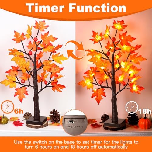 Fall Decor 2 Pack 24 Inch Lighted Maple Tree with 48 LED & Timer, Battery Operated Artificial Autumn Tabletop Tree with Acorns Maple Indoor Fall Decorations for Home, Thanksgiving Table Decor - Image 4