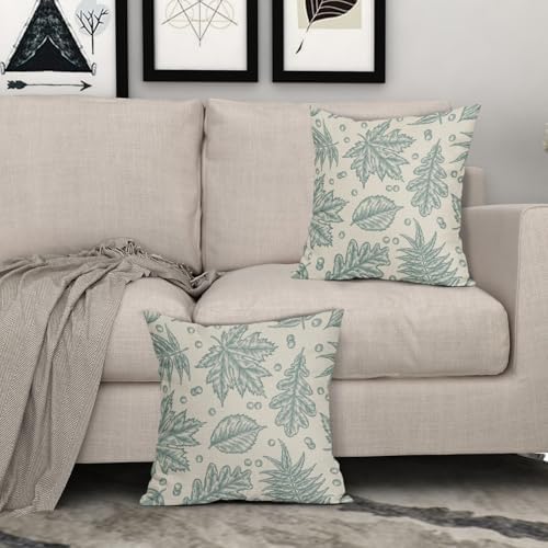 Aqua Blue Fall Pillow Covers 16x16 Set of 2 Cream Maple Leaf Print Autumn Colored Harvest Decorative Outdoor Pillowcases Farmhouse Seasonal Throw Cushion Case Decor for Home Couch Sofa Bed - Image 3