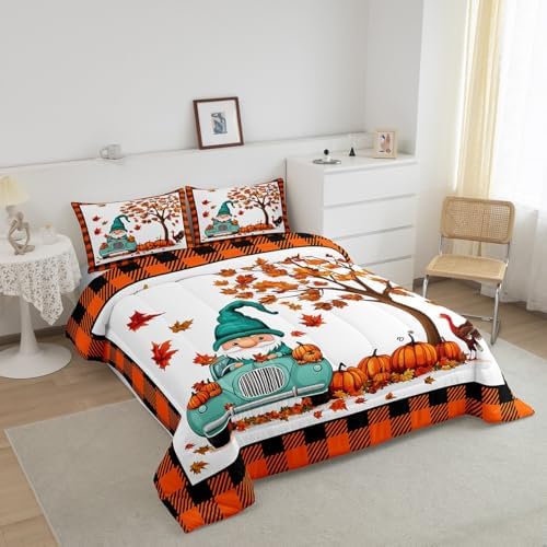 Erosebridal Gnome Bedding Set Queen Size Fall Pumpkin Comforter Set Thanksgiving Chicken Turkey Autumn Harvest Down Comforter for Boys Child Teens Maple Leaves Duvet Set Nature Grid Room Decor - Image 6