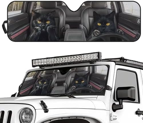 Renewold Funny Black Cat Driving Automotive Windshield Sun Shade for Jeep Wrangler JK JKU JL JLU 1997-2023 Gladiator JT Sun Shield Cover Keep Cool Window Shades Car Sun Visor Front Windshield Sunshade