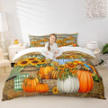 Happy Thanksgiving Kids Duvet Cover Set King Size,Fall Sunflowers Pumpkin Bedding Set,Girls Boys Adults Room/Cabin Decor,Vintage Wooden Plank Autumn Comforter Cover,Rustic Quilt Cover,2 Pillowcases by Manfei