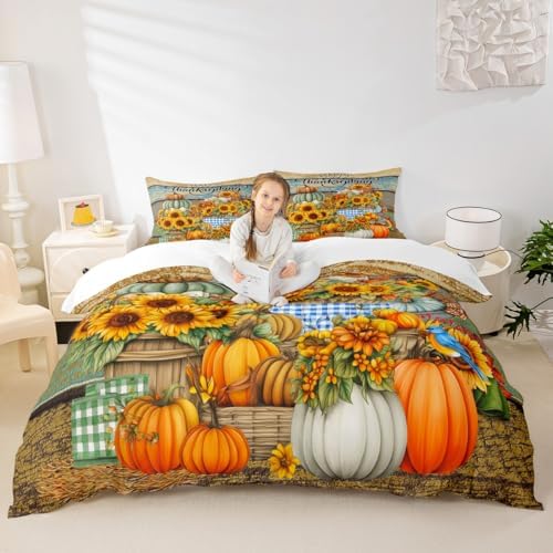Happy Thanksgiving Kids Duvet Cover Set Full Size,Fall Sunflowers Pumpkin Bedding Set,Girls Boys Adults Room/Cabin Decor,Vintage Wooden Plank Autumn Comforter Cover,Rustic Quilt Cover,2 Pillowcases by Manfei