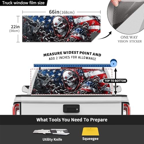 American Style Skulls Truck Rear Window Graphic Decals, Watercolor Flag Horror Skeleton Pickup Car Window Stickers Truck Back Window Film Decal for Trucks SUV 66 x 22 inch