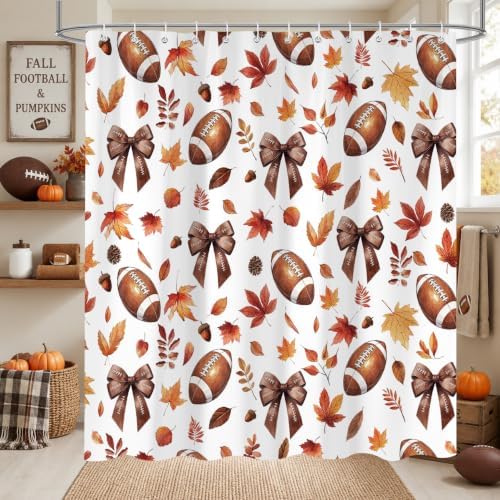 Fall Shower Curtain, Autumn Football Bowknot Fallen Leaves Shower Curtain for Bathroom Decor, Funny Fall Thanksgiving Fabric Bath Curtain for Bathroom Set, 72 X 72 Inch - Image 2