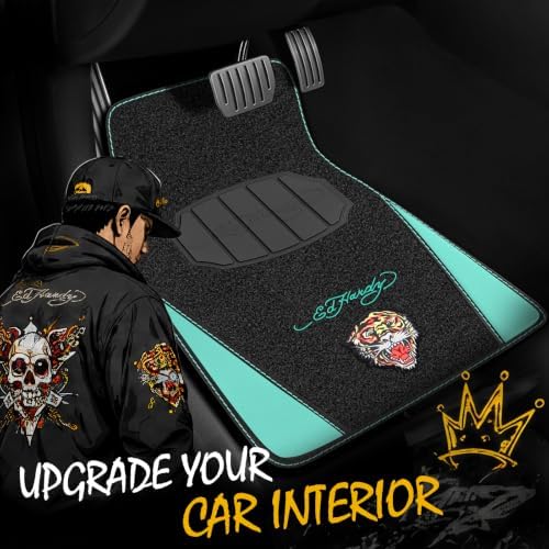 ED HARDY Tiger Print Car Floor Mats, Carpet Floor Mats with Green Leather Design, Automotive Car Mats with Built-in Heel Pad & Anti-Slip Backing, Fits Most Cars, SUVs & Trucks, Durable & Odorless