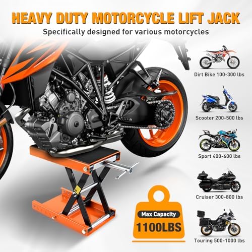 Nilight Motorcycle Lift Jack 1100 LBS Scissor Jacks Stand Lift with Wide Deck Safety Pin Handle 3.4"-14.2" Height Adjustable Hoist Stand Garage Repair Lifter for Motorcycles ATV Dirt Bike, Orange - Image 2