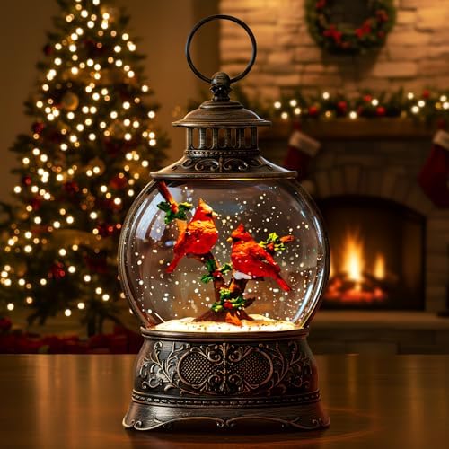 Christmas Snow Globes Water Lantern with Cardinal, Music & 6H Timer, USB Lined/Battery Operated Lighted Lanterns for Xmas Festival Decoration Gifts by ZQQLITE