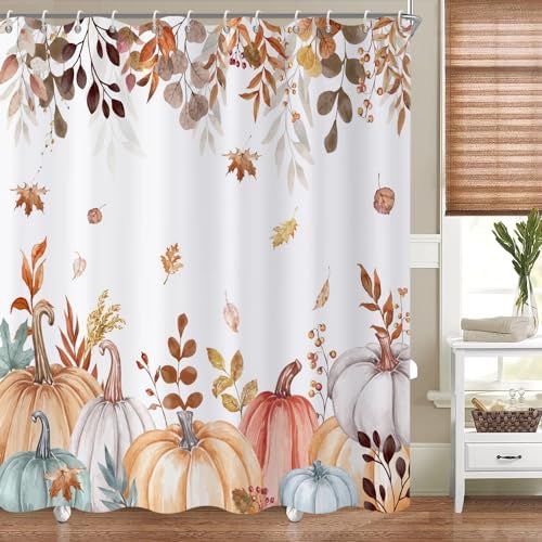 Fall Pumpkin Shower Curtain, Colorful Watercolor Autumn Pumpkins Maple Falling Leaves Thanksgiving Day Harvest Bathroom Curtain Waterproof Fabric Machine Washable with Hooks, 60" Wx72 L by Caheansi