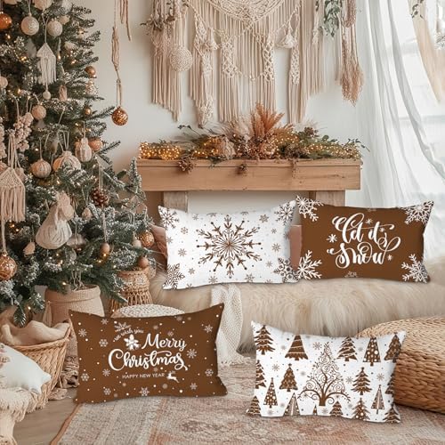 Lanpn Christmas Throw Pillow Covers 12x20 Set of 4, Merry Christmas Winter Xmas Snowflake Decorative Holiday Cushion Pillow Cases 12 x 20 for Outdoor Indoor Farmhouse Home Room Couch Decor (Brown) - Image 3