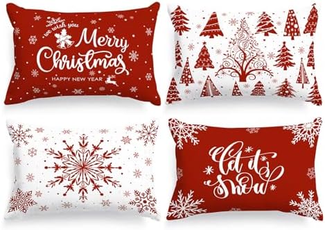 Lanpn Christmas Lumbar Throw Pillow Covers 12x18 Set of 4, Merry Christmas Winter Xmas Snowflake Decorative Holiday Cushion Pillow Cases 12 x 18 for Indoor Farmhouse Home Room Couch Decor (Red) by Lanpn
