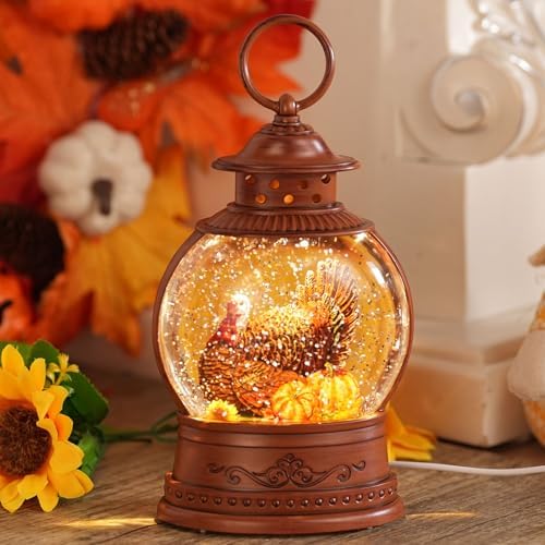 Fall Decor Snow Globe Turkey Pumpkins Lighted Lantern Thanksgiving Decor - Image 6