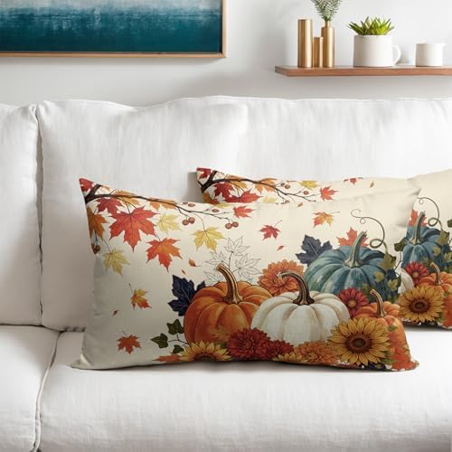Fall Pumpkin Pillow Covers 12x20 Inch Set of 2, Autumn Blue Orange Throw Pillow Covers Harvest Thanksgiving Lumbar Pillowcase, Maple Leaf Decorative Seasonal Cushion Case Couch for Outdoor Home Decor - Image 2