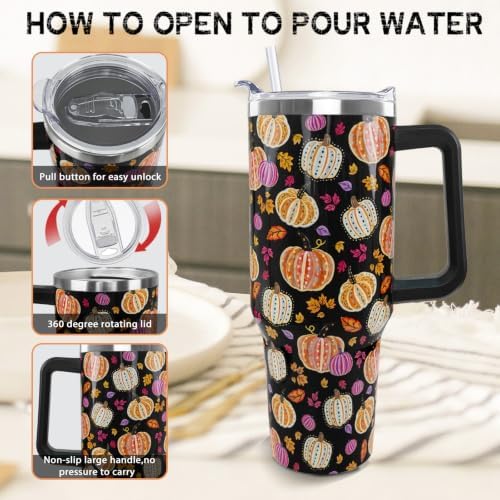 Fall Tumbler with Handle Thanksgiving 40oz Colorful Pumpkin Coffee Travel Mug Autumn Stainless Steel Insulated Cups Cute Fall Thanksgiving Decor Gifts - Image 5