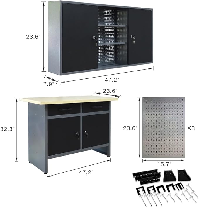 JZD Industrial Steel Garage Storage Cabinet System, Included Pegboard Wall - Image 3