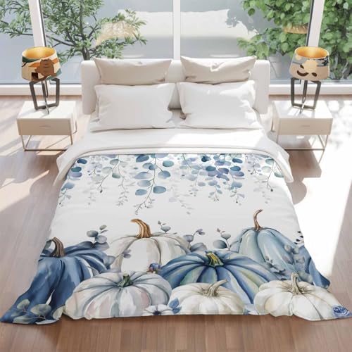 DecorLovee Blue Grey Fall Blanket 50"x80", Reversible Eucalyptus Leaves Throw Blanket for Couch/Bed, Thanksgiving Pumpkins Lightweight Soft Throw Blankets for Adult, Warm Fuzzy Blankets for Winter - Image 5