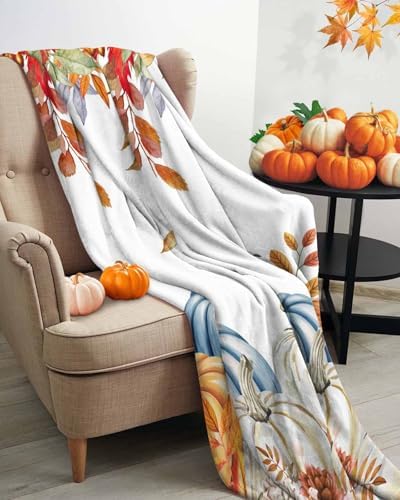 DecorLovee Orange Blue Thanksgiving Fall Blanket 50"x80", Reversible Pumpkins Throw Blanket for Couch/Bed, Autumn Botanical Lightweight Soft Throw Blankets for Adult, Warm Fuzzy Blankets for Winter - Image 3