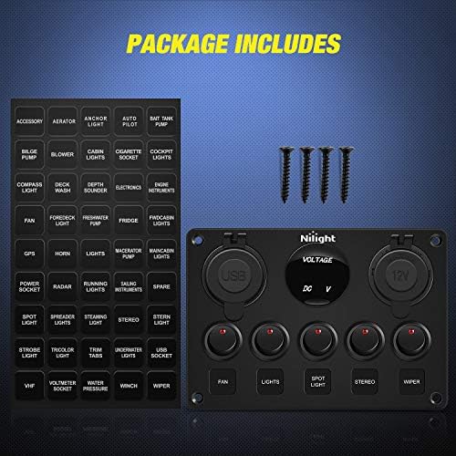 Nilight 5 Gang Multi-Function Rocker Switch Panel On Off SPST Toggle