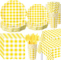 Funnymoom 452 Pcs Yellow Gingham Party Supplies for 50, Yellow and White Gingham Checkered Paper Plates Napkins Cups Tablecloth Cutlery Straws for Birthday Family Picnic Barbecue Party Decoration by Funnymoom