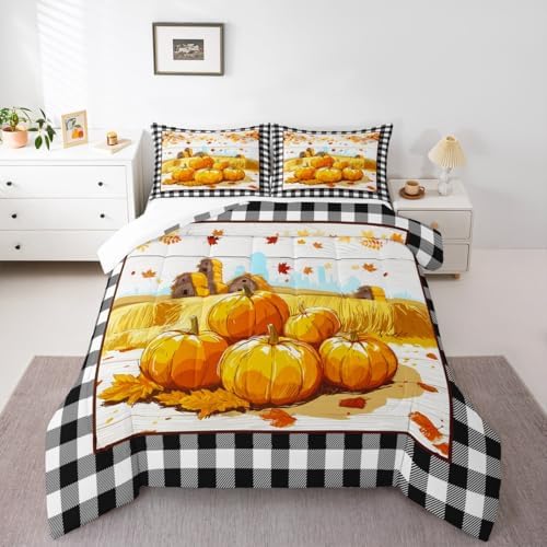 Homewish Rustic Farm Comforter Set Pumpkin Barn Door Fall Plants Harvest Theme Bedding Kids Adult Room Decor,Black White Grid Quilt Vintage Maple Tree Duvet Insert Twin Size 2Pcs (ZZRS3669ZMD-BZ_USt) - Image 5