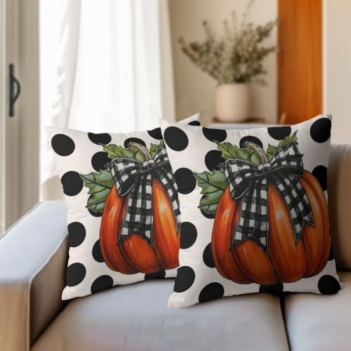 Fall Pumpkin Pillow Covers 22x22 Set of 2 Vintage Orange Buffalo Plaid Bow Polak Dot Outdoor Throw Pillows Covers Autumn Thanksgiving Decorative Farmhouse Cushion Case for Living Room Couch Sofa - Image 3