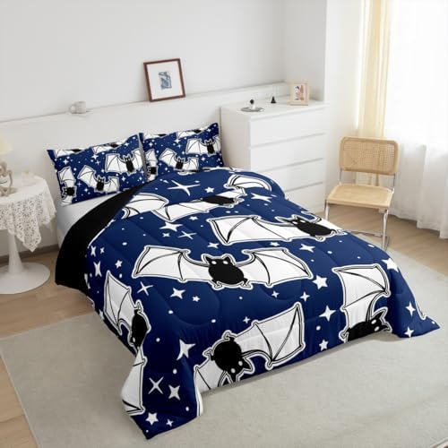 Feelyou Halloween Bedding Set for Girls Boys Kids Toddler Size Black Bats Animal Print Silhouette Comforter Cover Room Decor Happy Holiday Cute Star Print Luxury Duvet Cover Blue Quilt Set - Image 2
