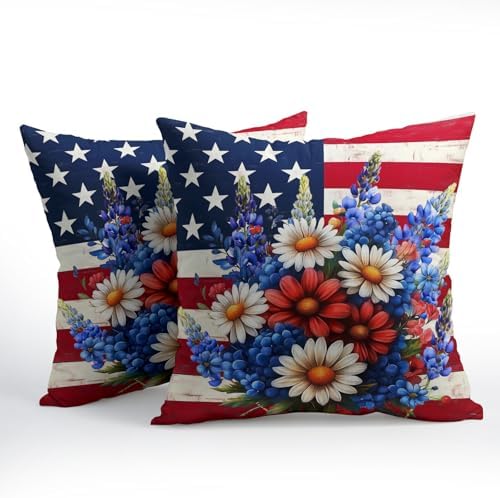 4th of July Patriotic Flower Pillow Covers 12x12 Inches American Flag Independence Day Throw Pillow Case Set of 2 Memorial Day Pillows Cotton Linen Cushion Cover for Home Couch Sofa Livingroom - Image 2