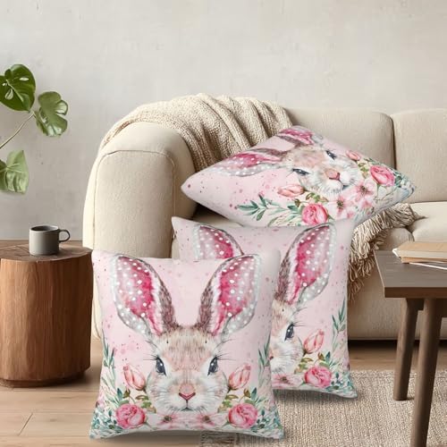 KiuLoam Easter Bunny Pillow Covers 20x20 Inch Set of 2, Pink Floral Leaf Rustic Farmhouse Decorative Throw Pillows, Easter Spring Outdoor Square Cushion Cases for Sofa Couch Bed Home Decor - Image 6
