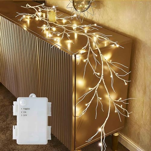 Hairui Birch Garland with Lights 6FT 48 LED Battery Operated, Lighted Twig Vine with Timer for Christmas Home Fireplace Decoration Indoor Outdoor Use by Hairui