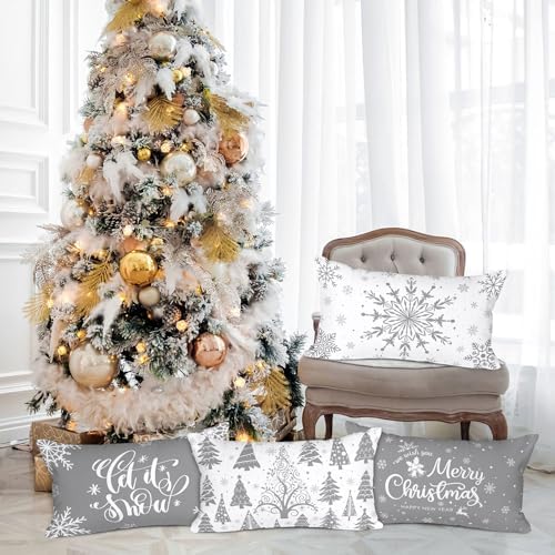 Lanpn White and Grey Christmas Lumbar Throw Pillow Covers 12x20 Set of 4, Decorative Long Gray Winter Snowflake Xmas Cushion Covers Pillow Cases for Home Bedroom Room Holiday Couch Decor Decorations - Image 5