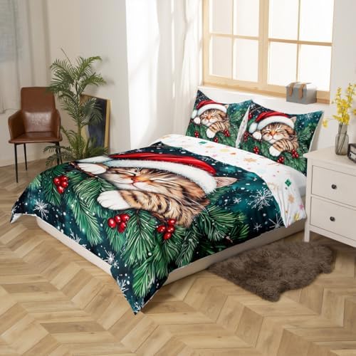 Manfei Cute Cat Kids Duvet Cover Set Queen Size,Winter Holly Berries Snowflake Girls Boys Bedding Set,Animal Merry Christmas Poinsettia Room Decor,Dark Green Quilt Cover,2 Pillowcases(No Comforter) - Image 5