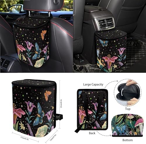 Butterfly Mushroom Floral Print 15Pcs Car Seat Cover Full Set Car Steering Wheel Cover Seat Belt Cover Trash Bin Air Vent Storage Box Front Rear View Mirror Car Cup Holder Keychain