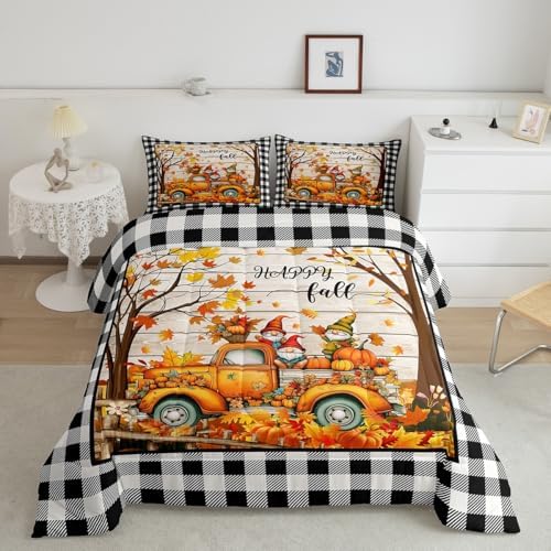Homewish Happy Fall Comforter Set Full Size Pumpkin Truck Maple Leaves Gnomes Bedding Set,Vintage Black White Grid Quilt Set for Kids Girls Boys Adult Room Decor,Rustic Farmhouse Duvet Insert 3Pcs by Homewish