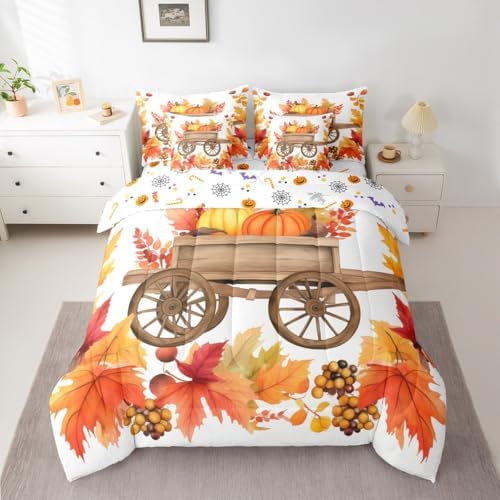 Erosebridal Thanksgiving Pumpkin King Comforter Set,Maple Leaves Autumn Decor 7 Pieces Bed in a Bag,Farmhouse Harvest Fall Leaves Bedding Sets with Comforter,Flat Sheet,Fitted Sheet and Pillow Sham - Image 3