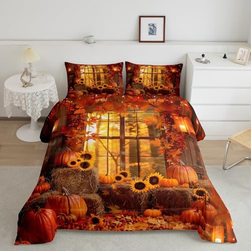 Feelyou Fall Bedding Set for Girls Boys Kids Queen Size Maple Leaves Comforter Cover Room Decor Pumpkin Daisy Duvet Cover Dark Orange Quilt Set by Feelyou