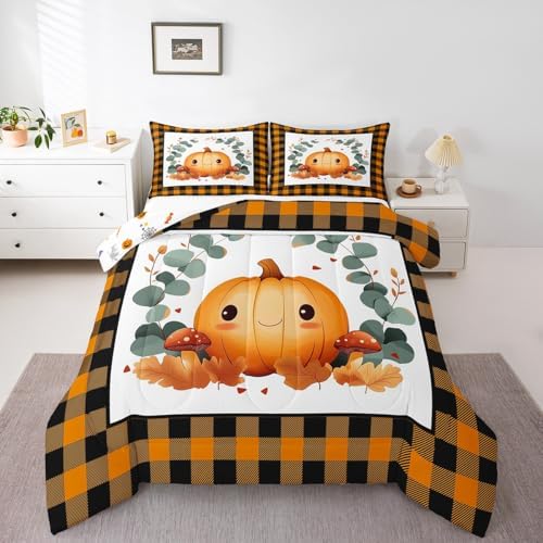 Erosebridal Fall Bedding Twin,Thanksgiving Pumpkin Comforter Set Green Eucalyptus Leaves Bed Sets Thanksgiving Autumn Leaf Duvet Insert 2 Pieces by Erosebridal
