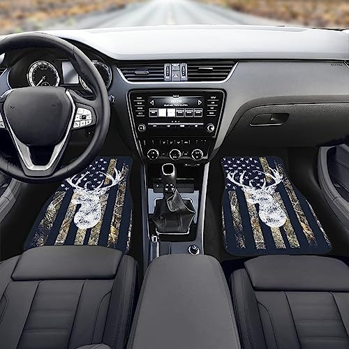 Camo Deer Car Floor Mats Set of 4,USA Camo Buck Deer Hunting American Flag Vehicle Front Rear Carpets Mats Universal Car Floor Rugs Non-Slip Auto Car Decor Accessories for Car SUV Van Truck