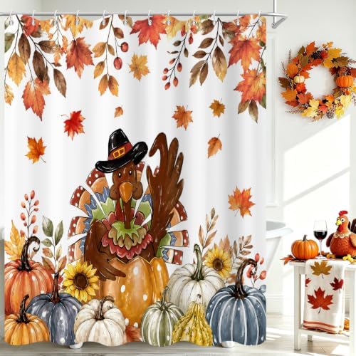 Turkey Shower Curtain, Fall Autumn Thanksgiving Day Pumpkins Maple Leaves Sunflower Harvest Bathroom Curtain for Home Decor Waterproof Fabric Machine Washable with 12 PCS Hooks,72" Wx84 L by Caheansi